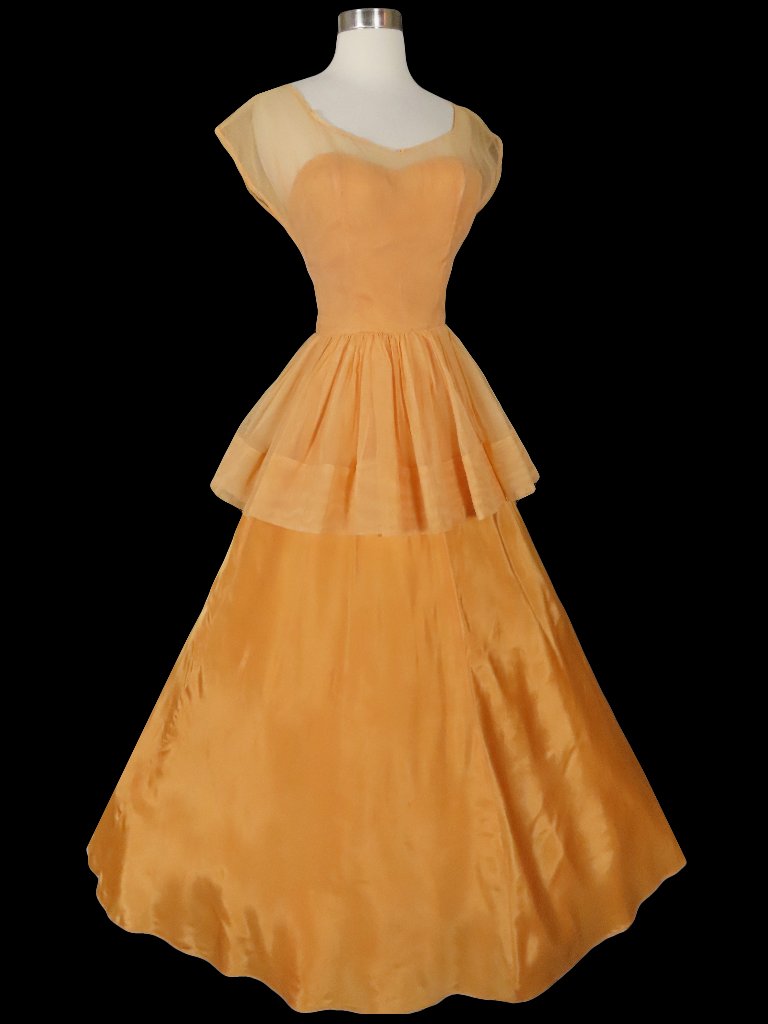 Vintage 40s Peach Peplum Formal Gown Bridal Prom Party Dress Xs S Small 1940s
